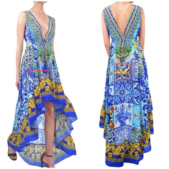 NWOT Shahida Paradies HIGH LOW RUFFLE BLUE DRESS SZ M/L $449 - Picture 3 of 13